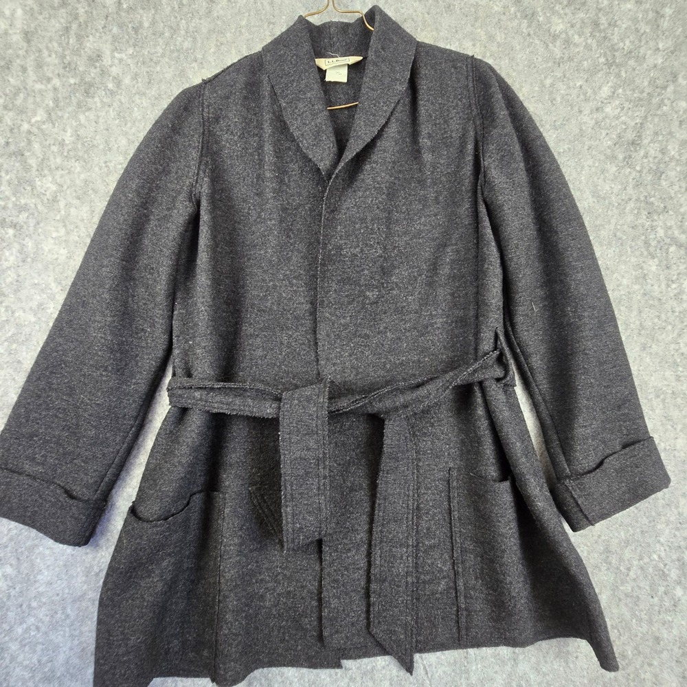 L.L. Bean Wrap Coat Women M Charcoal Grey Wool Blend Shawl Collar Belted